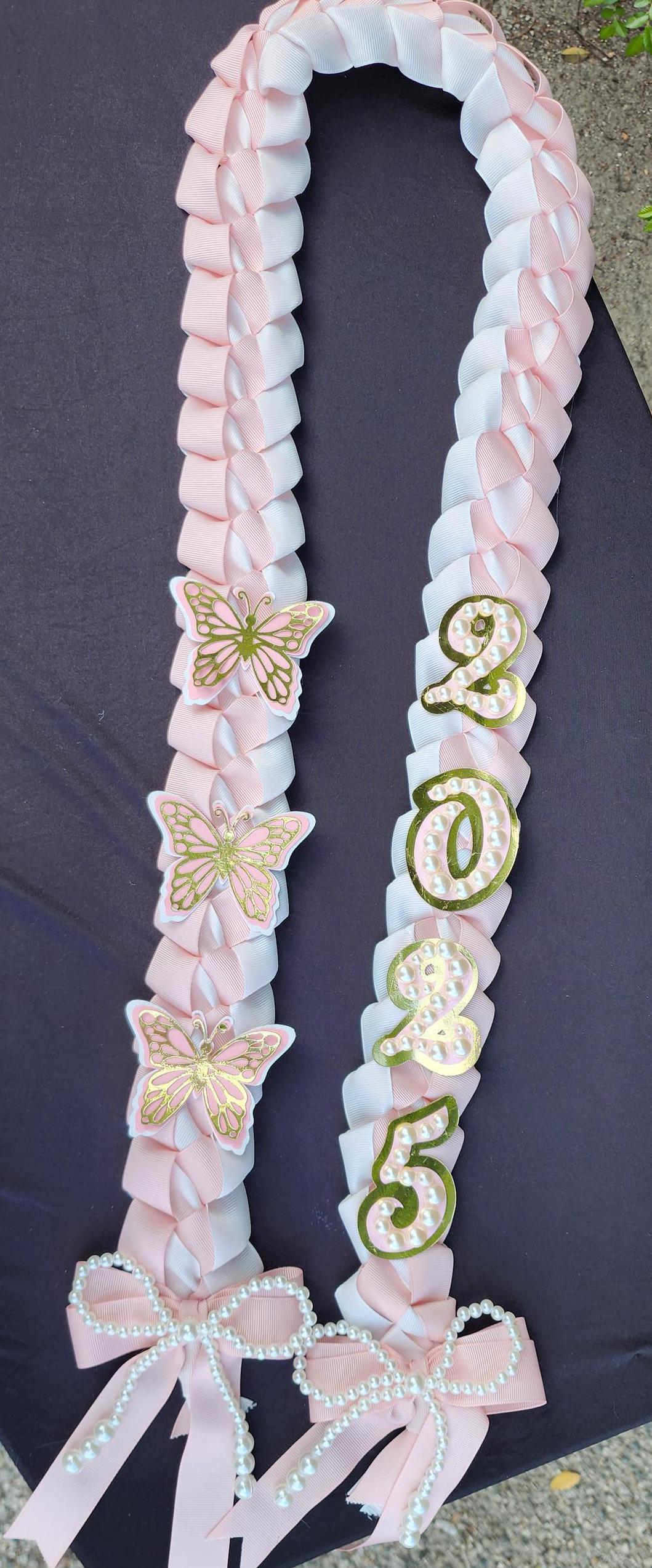 Coquette Graduation Lei: Pink Ribbon Lei with Pearl Accents, Class of 2026