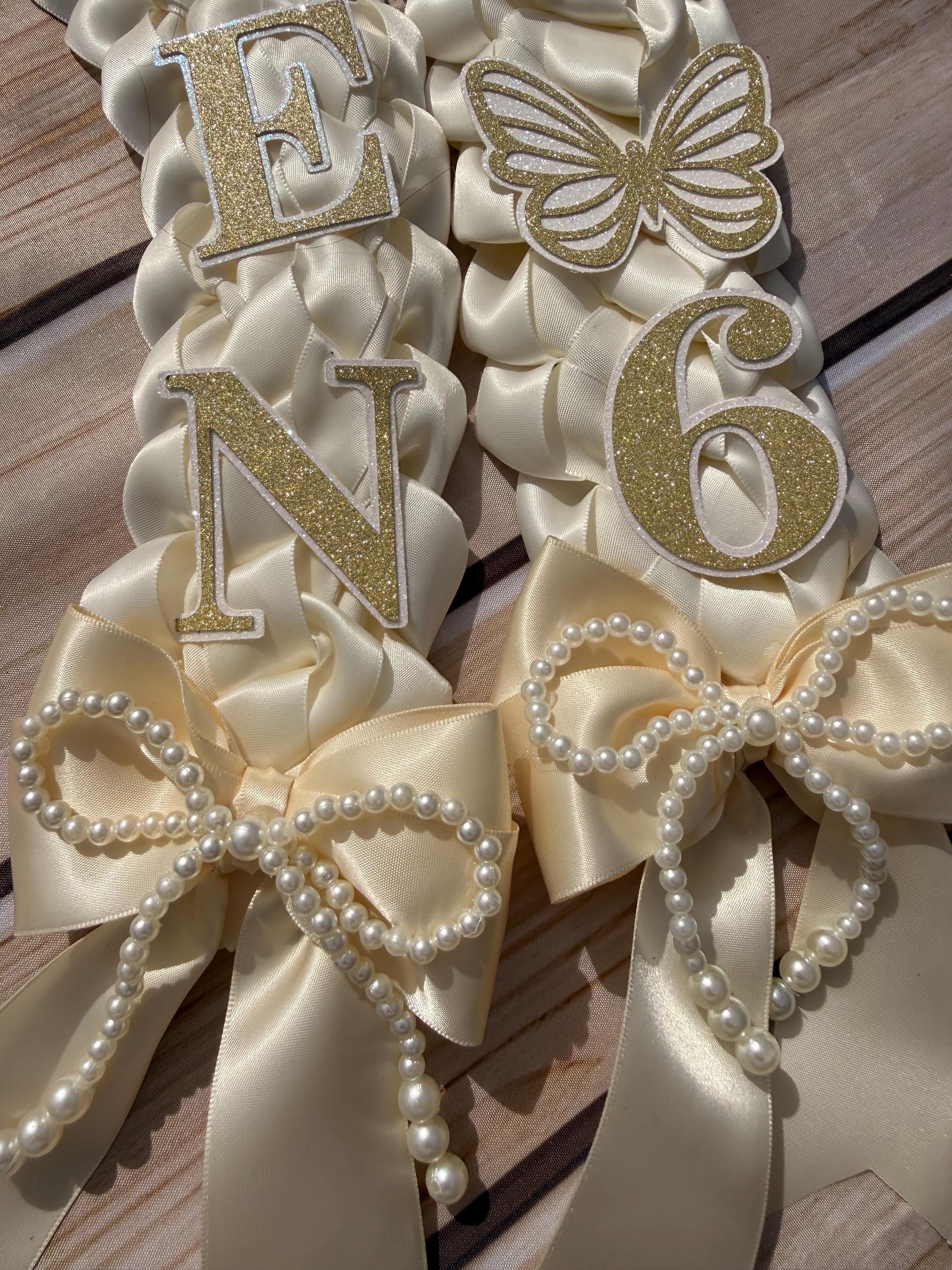 Graduation Lei: Ivory Satin Double Braid with Pearl Bows, Butterflies, Class of 2026