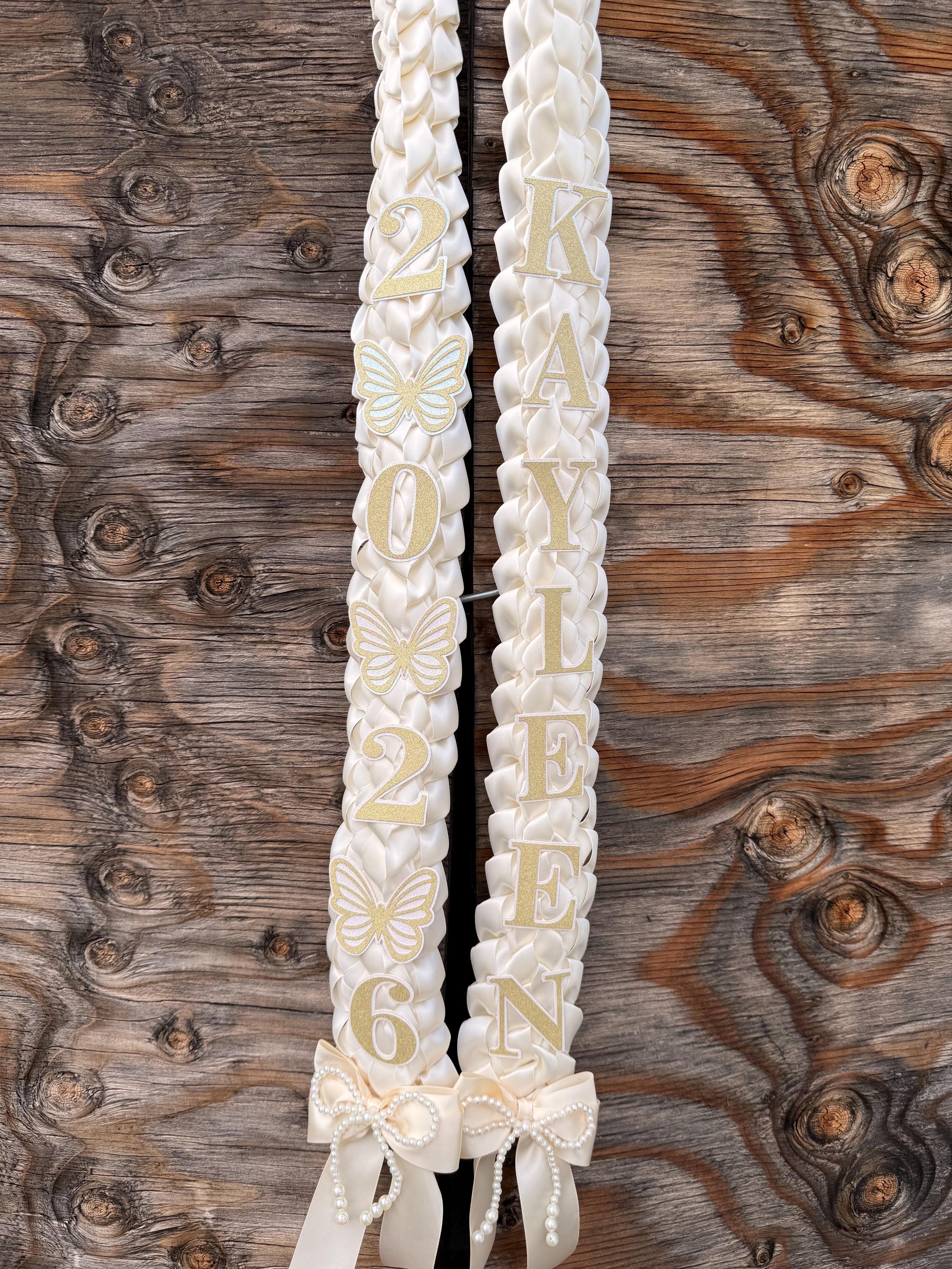 Graduation Lei: Ivory Satin Double Braid with Pearl Bows, Butterflies, Class of 2026
